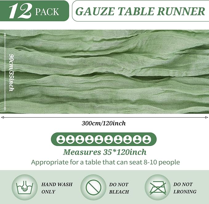 YMHPRIDE 12 Pack Cheesecloth Table Runner 35x120in Sage Green Table Runner | - Image 2