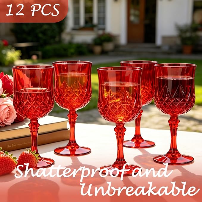 12Pack Plastic Wine Glasses, 7oz Vintage Goblets - Image 3