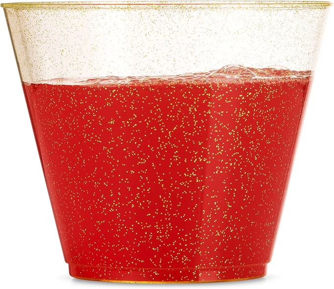 100 Glitter Plastic Cups - 9 Oz Clear Plastic Cups Old Fashioned Tumblers -Gold - Image 3