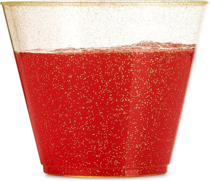 100 Glitter Plastic Cups - 9 Oz Clear Plastic Cups Old Fashioned Tumblers -Gold - Image 3
