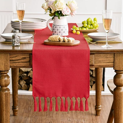Artoid Mode Red Tassel Table Runner, Christmas Linen Blend Rustic Farmhouse - Image 3