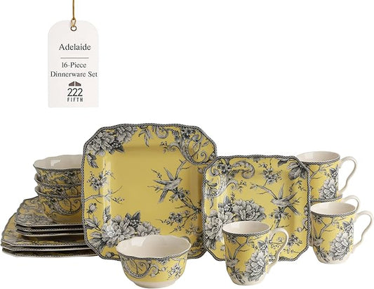 222 Fifth Adelaide 16-Piece Square Floral Dinnerware Set – Service for 4,Yellow Porcelain Plates & Bowls, for Everyday Dining & Entertainment, Microwave & Dishwasher Safe, Chip Resistant