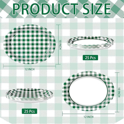 50Pcs Spring Gingham Oval Paper Plates 10" x 12" Large Disposable Heavy Duty Green White Buffalo Checked Plaid Dessert Platters Plates for Spring Birthday Picnic BBQ Party Supplies