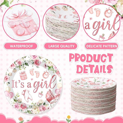 60 Pcs 7 Inch Baby Shower Paper Plates Girl Pink Floral Baby Shower Plates Decorations Sweet Tableware It's a Girl Party Supplies Favors for Gender Reveal Theme Party