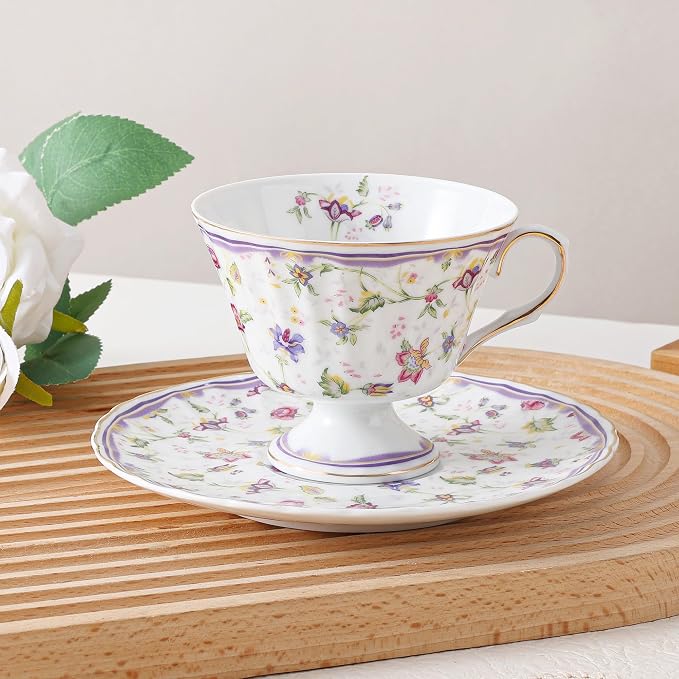 fanquare 5 Ounces Purple Floral Vines Porcelain Tea Cup and Saucer | Country - Image 3