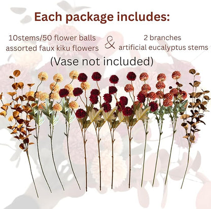 RyddeligHome Fall Flowers, Burnt Orange Faux Kiku Flowers Artificial 10 Stems + Eucalyptus, Fake Red Orange Mums Floral Centerpiece, Terracotta Mini Balls Faux Stems for Vase, Decoración de Otoño