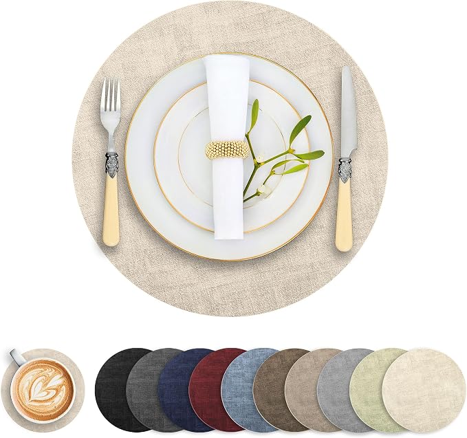 Round Faux Leather Placemats and Coasters, Reversible Heat Resistant Non-Slip by LANDVIEW