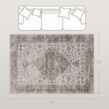 HOMCOM Washable Area Rug, 5'x7' Vintage Indoor Distressed Carpet, Retro Floor Cover Foldable, Floral Print Mat for Living Room, Bedroom, Dining Room, Tan