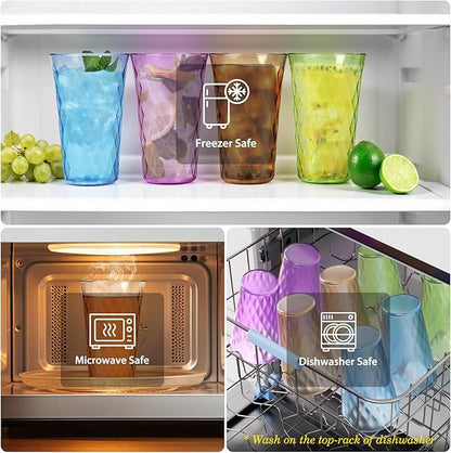 Freshmage 20 oz Unbreakable Drinking Glasses (Set of 8), Jewel Tone Colored Reusable Tumblers, BPA Free Plastic Drinking Cups for Home, Outdoor, Picnic, Pool, Stackable, Dishwasher & Microwave Safe