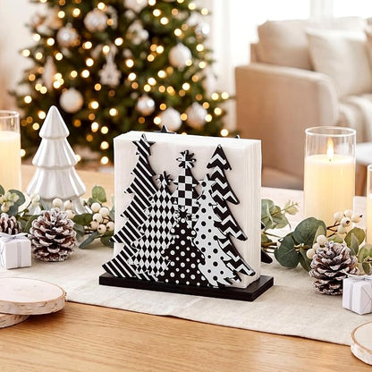 Christmas Tree Napkin Holder for Tables Black White Plaid Stripe Dots Christmas - Image 3