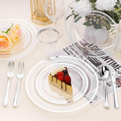 BESTSTAR 100PCS Clear Plastic Plates for Party, 10.25 Inch Disposable Plates with Silver Rim, Heavy Duty Dinner Plates for Christmas, Wedding and Birthday