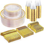 WELLIFE 300Pcs Clear Gold Dinnerware, Clear and Gold Plates Heavy Duty, Including 50 Dinner and 50 Dessert Plates, 50 Cups, 50 Silverware
