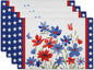 Giwawa 4th of July Placemats Set of 4 Watercolor Patriotic Flowers Stars Table Mats 12x18 Inch Independence Day Floral Heat Resistant Washable Linen Place Mat for Kitchen Dining Party Decor