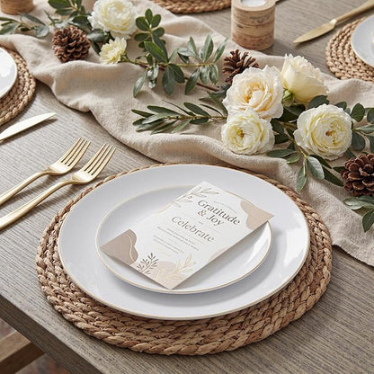KIRE 60PCS Gold Plastic Plates - Thanksgiving Heavy Duty White Disposable Plates with Gold Rim for Party/Wedding- Include 30Pieces 10.25inch Dinner Plate and 30Pcs 7.5inch Dessert Plate
