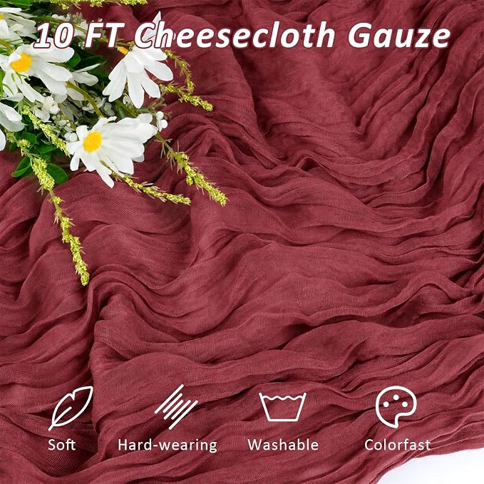 Cheesecloth Table Runner, 120 Inch 10 FT, Burgundy | 1 Pack, 35x120 Inches Boho - Image 2