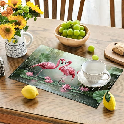 Flamingo Placemats Set of 4, Flamingo Tropical Flowers Place Mats, Wildlife Waterproof Washable Table Mats for Home Party Indoor Kitchen Dining Table Decoration 12x18 Inch