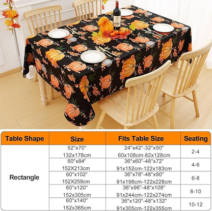 Smiry Fall Rectangle Table Cloth, Waterproof Vinyl Tablecloth with Flannel Backing, Wipeable Autumn Pumpkin Plastic Tablecloths for Harvest and Thanksgiving Parties, (60"x120", Black & Orange)