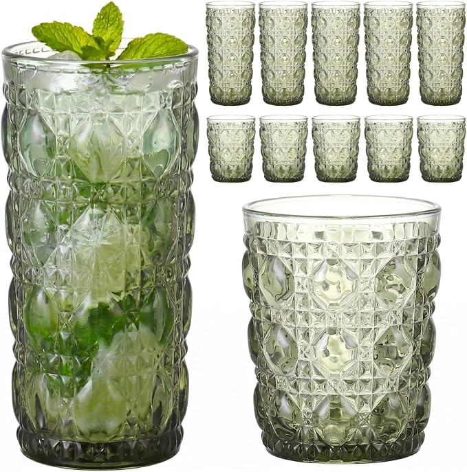Green Drinking Glasses Set of 12, 12 Oz Highball & 10 Oz Cocktail Glasses by FERAHI