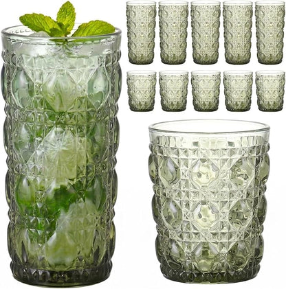 Green Drinking Glasses Set of 12, 12 Oz Highball & 10 Oz Cocktail Glasses by FERAHI