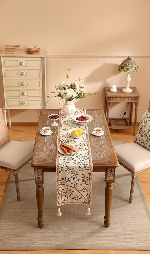 Designer French Linen Long Table Runner, Floral Pattern, Dining Table, Kitchen - Image 8