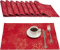 Cloth Place Mats Set of 8–Reusable Rectangular Waterproof Fabric Polyester Washable Wipeable Heat Resistant Jacquard Sparkling Metallic Snowflake for Kitchen Table(Red Gold/13x19 Inch)
