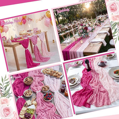 12 Pcs Gradient Rose Pink Cheesecloth Gauze Table Runners | Boho Wedding Decor - Image 6