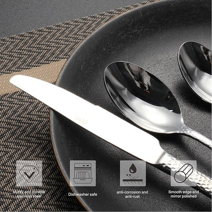 20-Piece Forged Hammered Stainless Steel Flatware Cutlery Set for 4, SXY INOX Shape of Water Drop Includes Dinner Knives/Forks/Spoons,Tea Spoons, Salad Forks, Mirror Polished - Dishwasher Safe