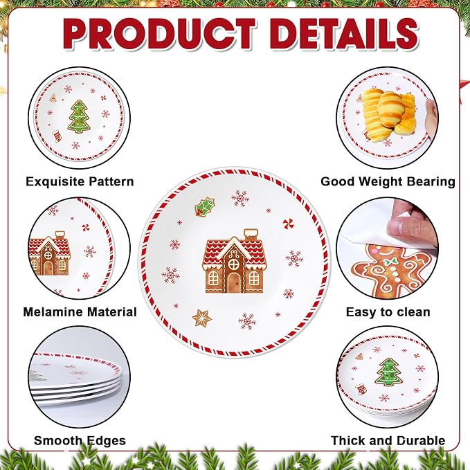 4 Set 10 Inch Christmas Dinner Plates Melamine Christmas Gingerbread Man - Image 3