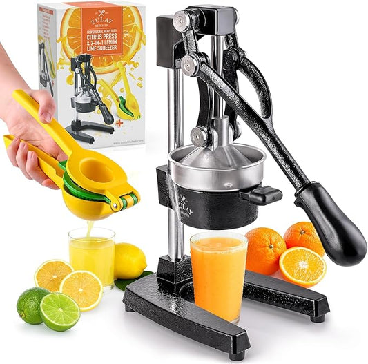 Zulay Kitchen Cast-Iron Orange Juice Squeezer - Heavy-Duty, Easy-to-Clean, Professional Citrus Juicer - Durable Stainless Steel Lemon Squeezer - Sturdy Manual Citrus Press & Orange Squeezer (Black)