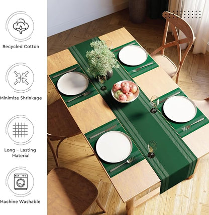 Encasa XO Table Runner, Yarn Dyed Ribbed Cotton 13"x94" | Ladder Dk Green - Image 3