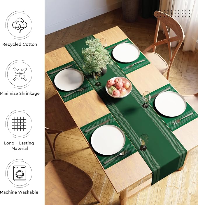Encasa XO Table Runner, Yarn Dyed Ribbed Cotton 13"x59" | Ladder Dk Green - Image 3