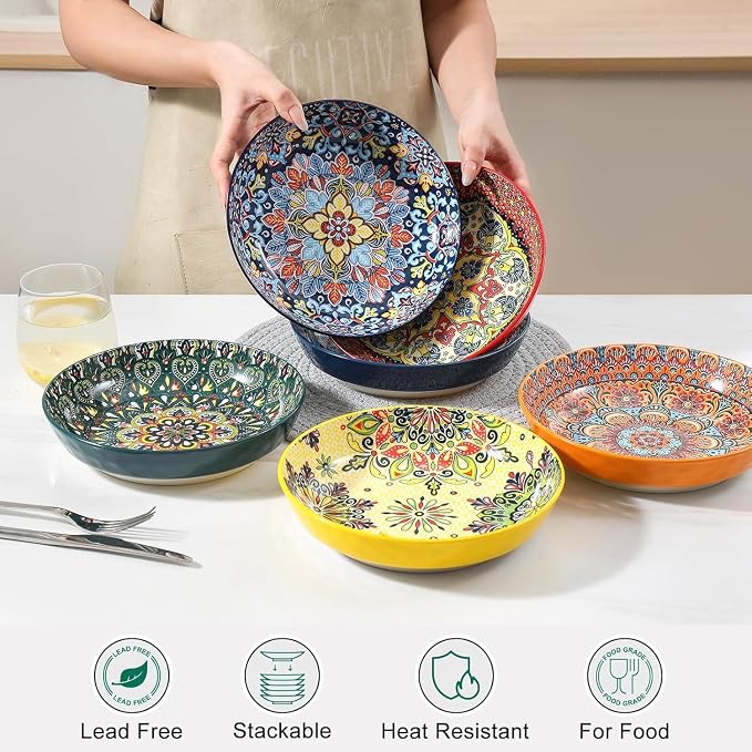 KitchenTour Pasta Bowls Set of 6-30 oz Large Wide & Shallow Serving Bowl - Image 4