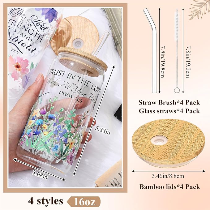 Mumufy 4 Pack Wildflower Glass Cups Gift Aesthetic Cute Glass Cup Tumbler - Image 2