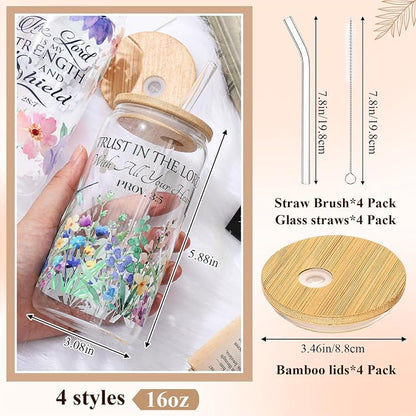 Mumufy 4 Pack Wildflower Glass Cups Gift Aesthetic Cute Glass Cup Tumbler - Image 2
