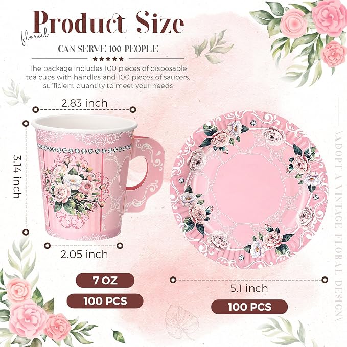 Nuogo 200 Pcs Floral Paper Tea Cups and Saucers 7 oz Disposable Paper Teacups - Image 2