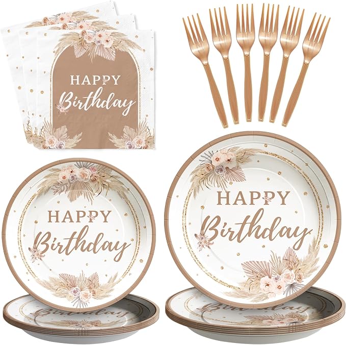 96Pcs Boho Birthday Party Decorations, Serves 24 | Boho Plates and Napkins by Grencian
