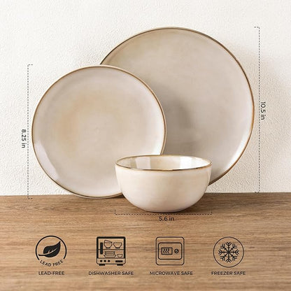 GBHOME Ceramic Dinnerware Sets for 4, 12 Pieces Stoneware Plates and Bowls Sets, Reactive Glaze Dishes -Scratch Resistant, Dishwasher&Microwave Safe-Cappuccino