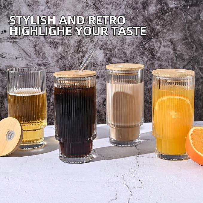 Drinking Glasses with Bamboo Lids and Glass Straw 2pcs Set, 16oz Glass Tumbler - Image 5
