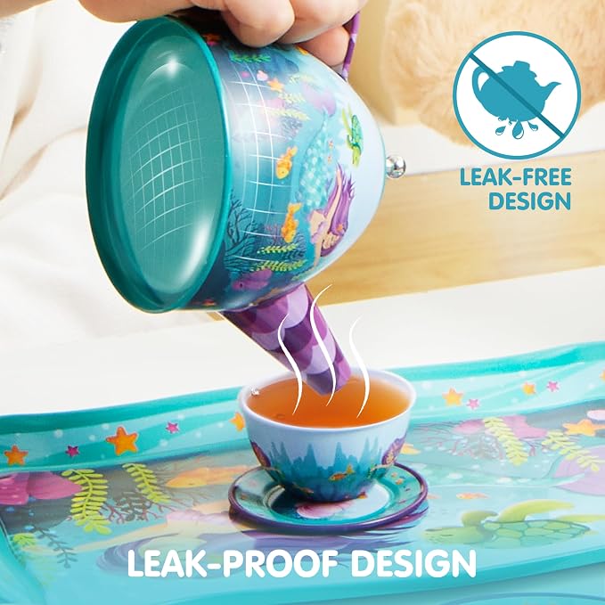 JOYIN Mermaid Tea Party Set for Little Girls, Pretend Tin Teapot Set, Princess - Image 3
