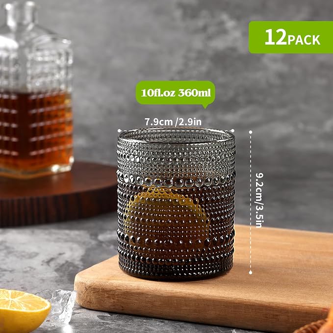 Moretoes 12 Pack 10 Oz Gray Hobnail Drinking Glasses Set | Cocktail Glasses - Image 3