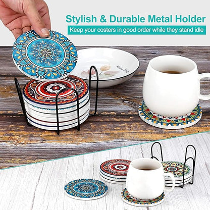 Coasters for Drinks,AODINI Set of 8 Absorbent Stone Coasters for Wooden Table, Mandala Ceramic with Cork Base, Gift for Housewarming Birthday and Family - Great Home and Dining Room Decor