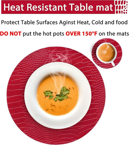 Jovono Round Leather Placemats for Round Tables Set of 6, Red Place Mats and Coasters, Wipeable Waterproof Heat Resistant Table Mats Easy to Care for Indoor Decor 14 inch Diameter
