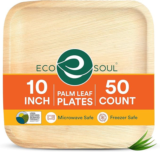 ECO SOUL Palm Leaf Disposable Bamboo Plates 10" Square Compostable & Biodegradable Party Plates for Dinner, Weddings, Parties & Events 50 Count