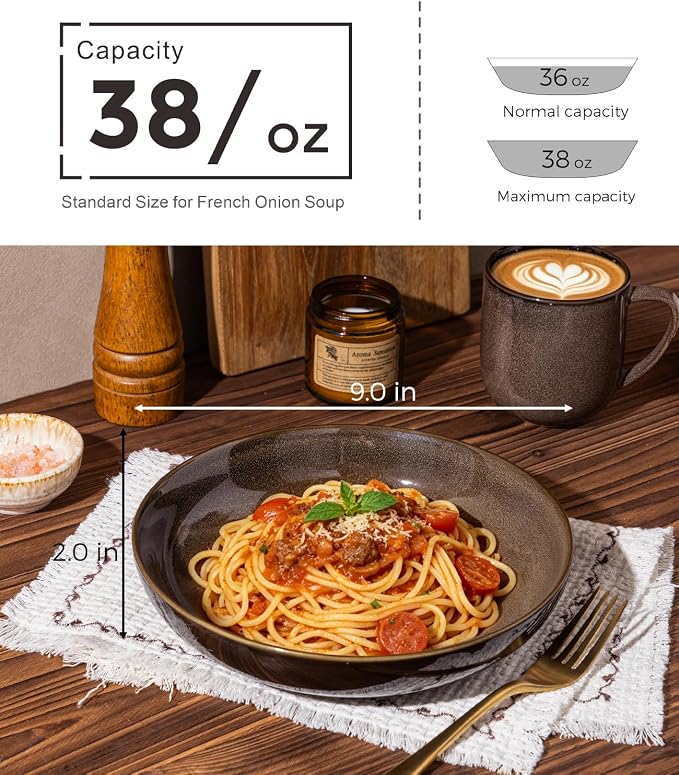 LERATIO 9.0" Ceramic Pasta Bowls Set of 4, 38oz Large Stoneware Bowls Set | - Image 2