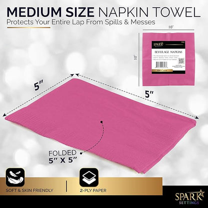 100 Pack Pink Beverage Napkins, Big Party Pack, 2 Ply, Ideal for Wedding, Party, Birthday, Dinner, Lunch, Cocktails. (5” x 5”) by Amcrate