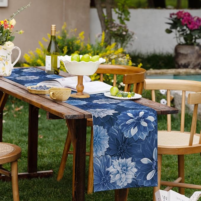 Navy Blue Dahlia Flower Summer Table Runner Blue Gray Burlap Table Runners - Image 8