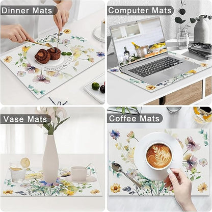 AOFOTO Floral Placemats Set of 4 Watercolor Blue Yellow Flower Green Leaves Printed Place Mats Rectangular Artistic Table Mats for Party Home Kitchen Restaurant Dining Table Decor 12x18 Inch