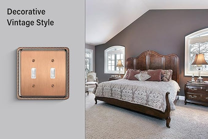 Henne Bery Rope Edge Decorative Wall Plate Switch Plate Outlet Cover (Double Toggle, Antique Copper)