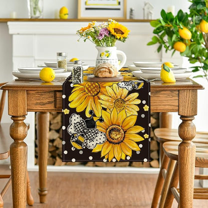 Artoid Mode Black Sunflower Bee Flower Polka Dot Summer Table Runner, Seasonal - Image 2