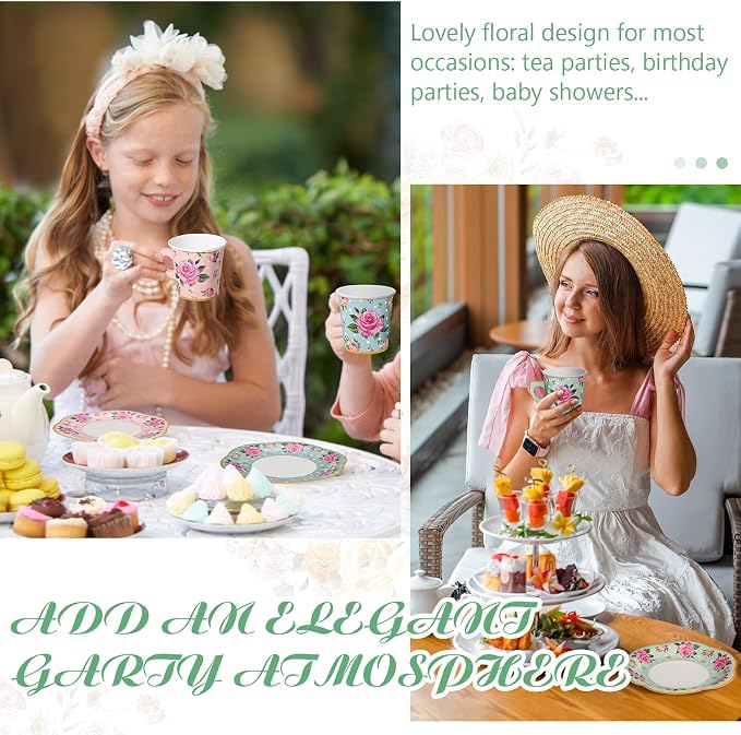 Umigy 60 Sets Floral Tea Party Decorations 6.5 oz Floral Paper Teacups & Saucer - Image 4